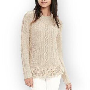 Banana Republic Cream Cable Knit Fringe Hem Chunky Sweater M